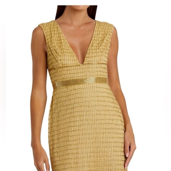 Mac Dugal Beaded V Neck Lined Column Empire Waist Gown Gold Women's Size 4 5625 - Picture 2 of 11